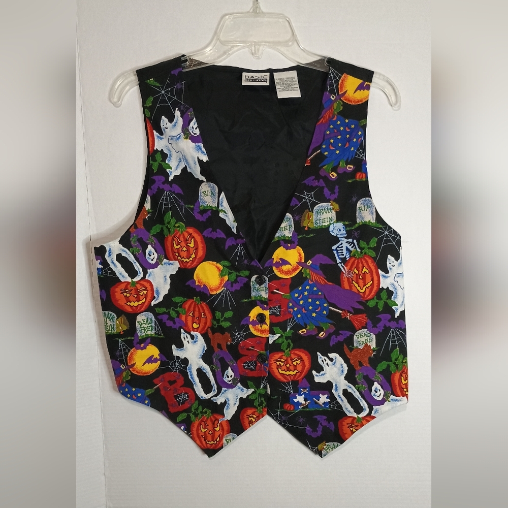 Vintage Basic Edition Halloween Vest with Ghosts and Pumpkins Size Large